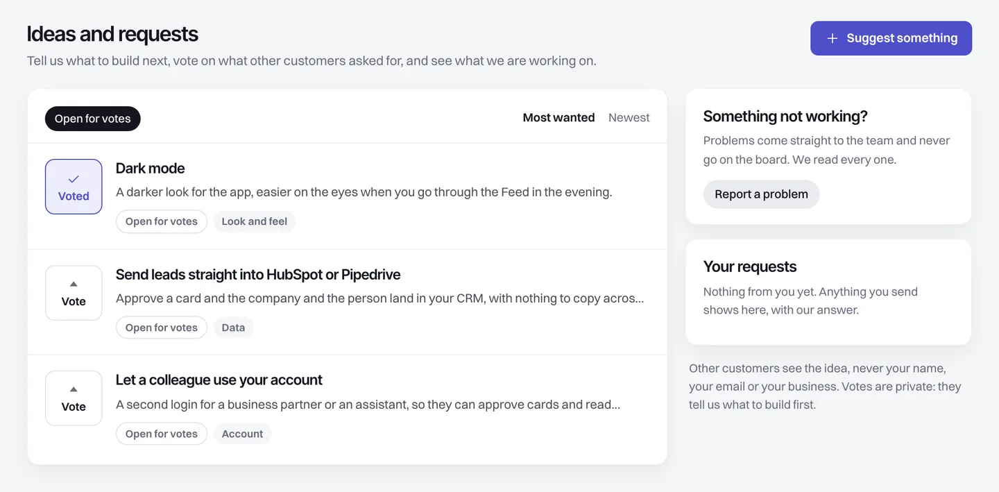 Ideas and requests inside Leadistry: three ideas open for votes, each with a Vote button and no vote counts on screen