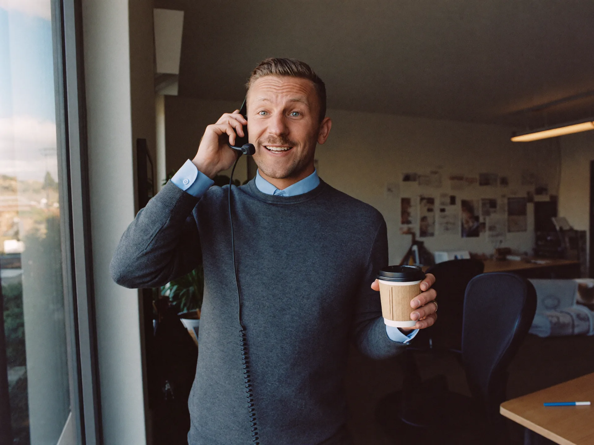 Sales rep animated on a morning call