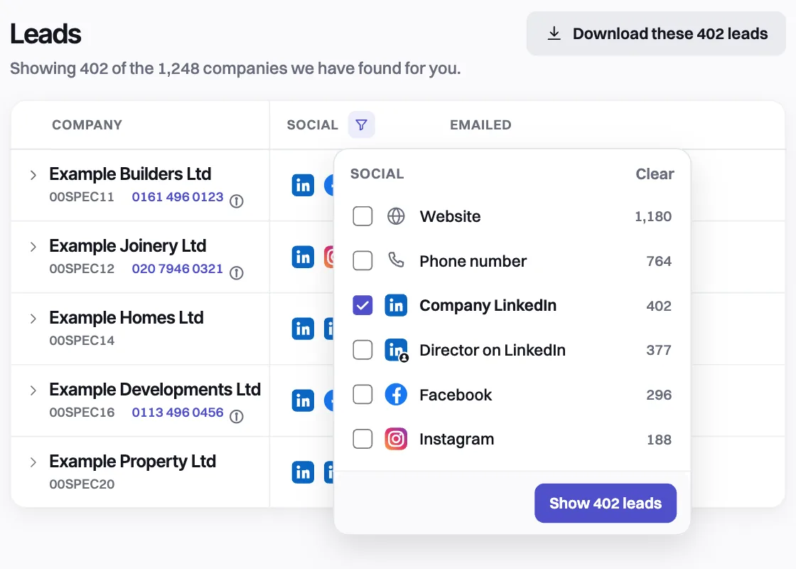 The Social filter on Leads, showing a lead when it has the pages you pick.
