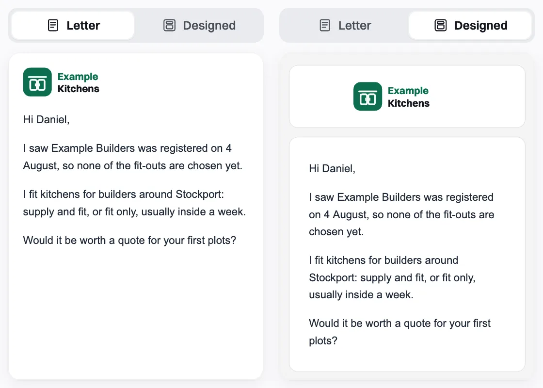The Template's Colours panel, with the email in the Letter and Designed looks.