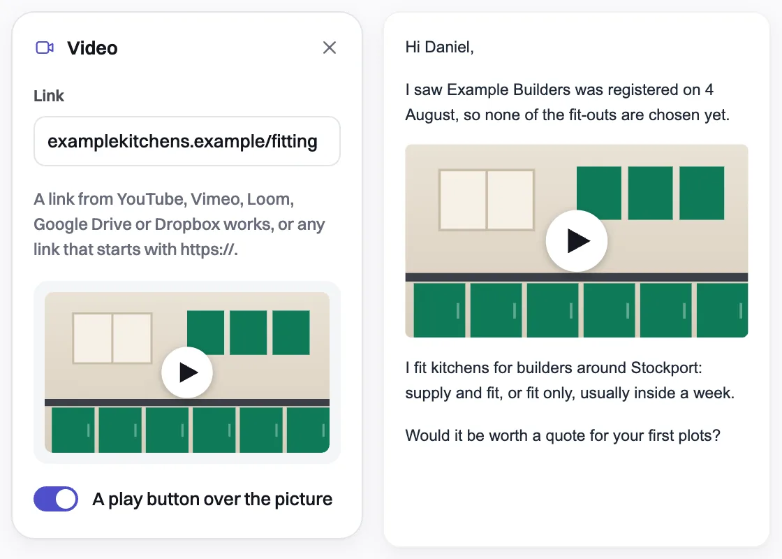 The Template's Video panel, and the email showing a picture with a play button.